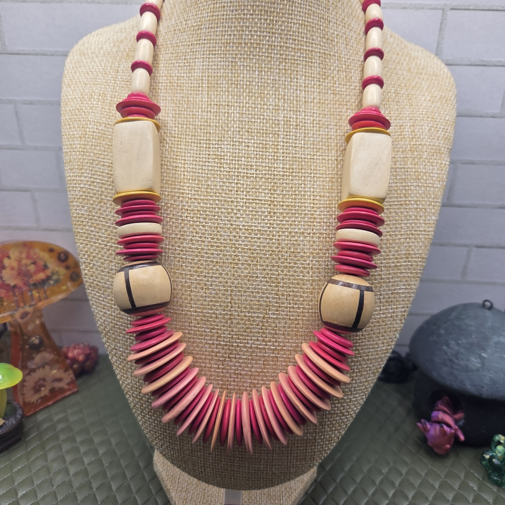 1029. Vintage Pink and Cream Layered Disc & Wood Bead Necklace